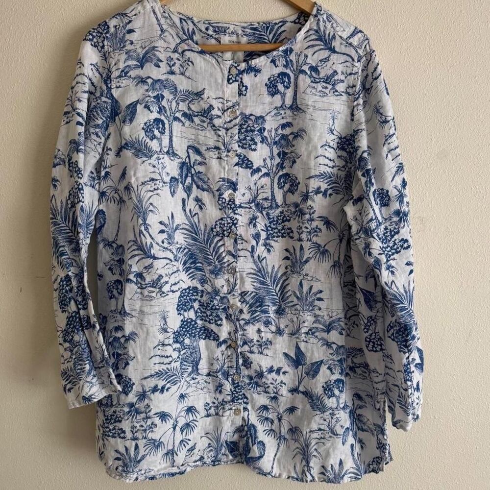 Joie Linen Blue White Tropical Toile Tunic Blouse Button Cover Up L Resort Beach